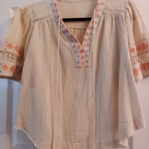 Boho Cream Embroidered Tunic Top with Multicolor Trim
